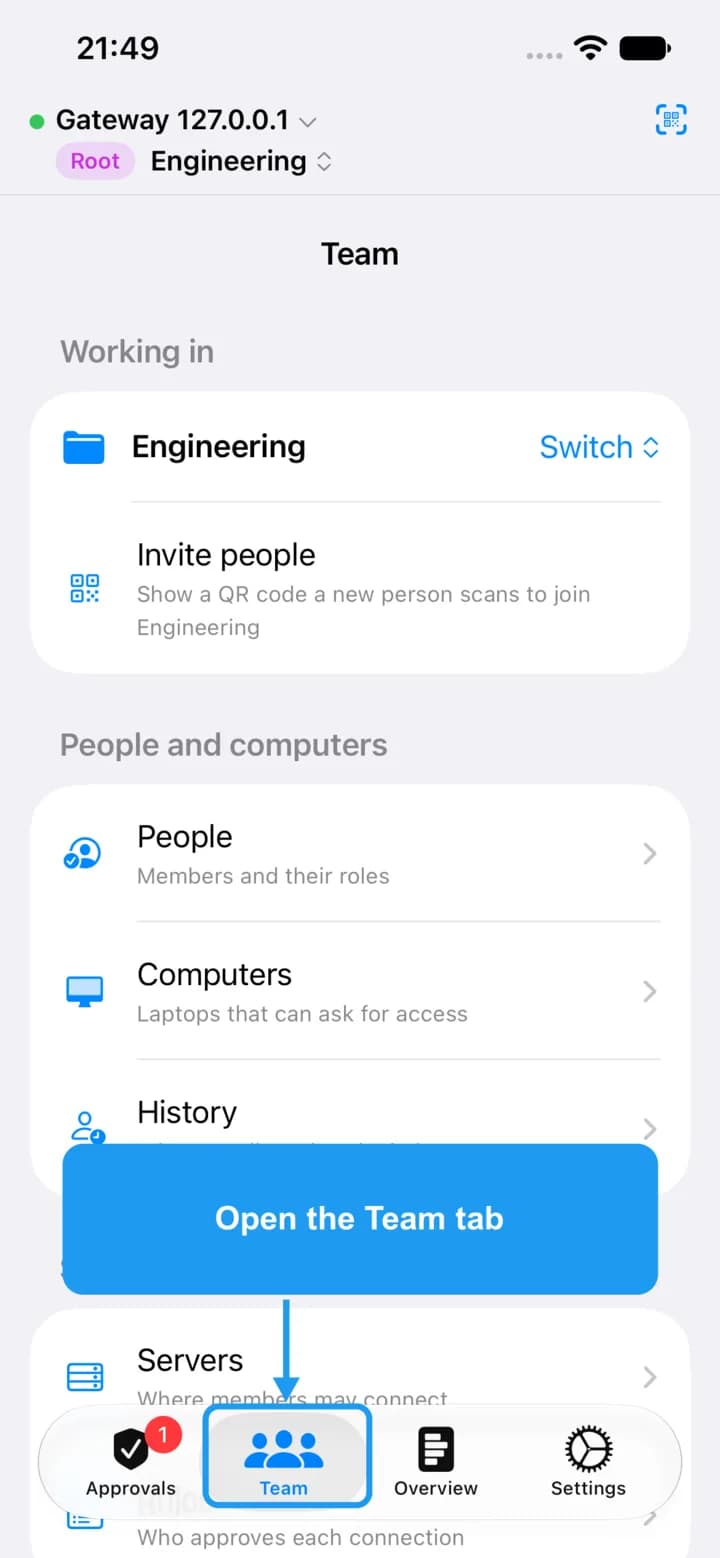 OSH - Signer on the Team tab, with the Team button in the bottom bar highlighted.