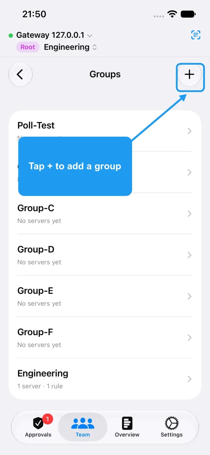 The Groups list with the plus button in the top right highlighted.