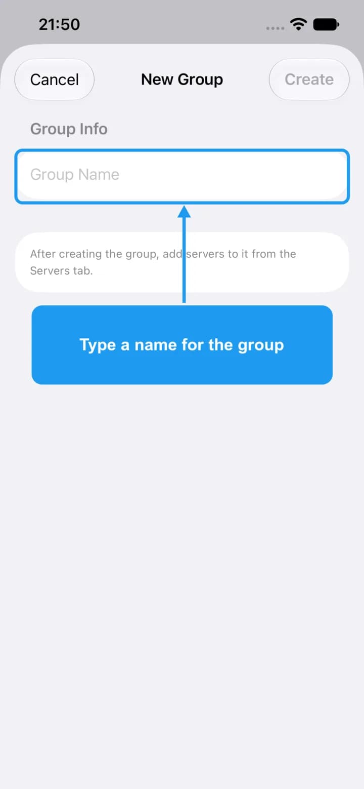 The New Group form with the Group Name field highlighted.