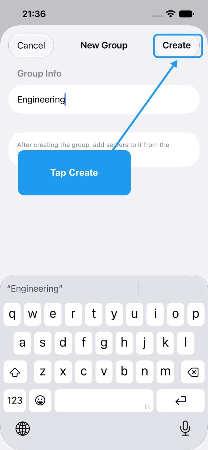 The New Group form with a name typed and the Create button highlighted.