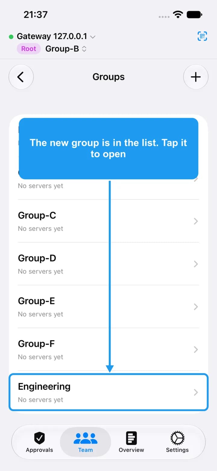 The Groups list with the new group at the bottom, highlighted.
