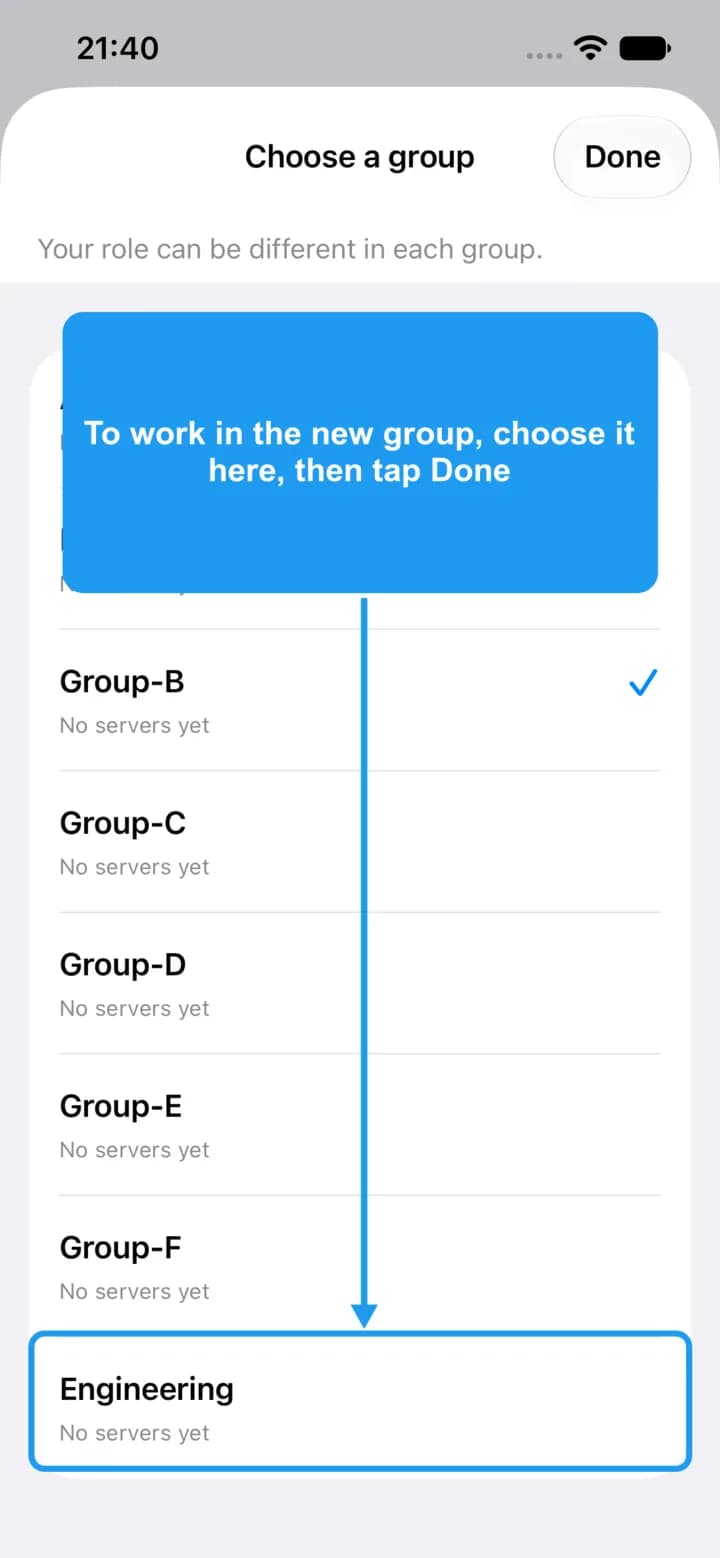 The Choose a group sheet with the new group highlighted at the bottom of the list.
