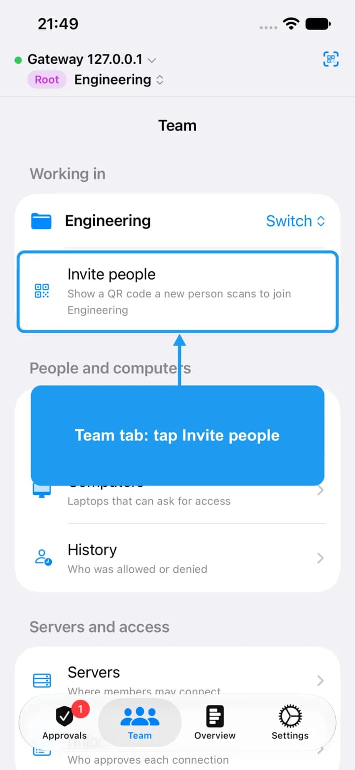 The Team tab with the Invite people row highlighted.