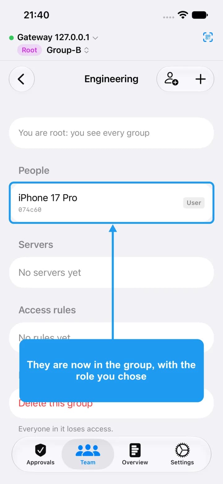 The group screen with the new person listed under People, highlighted.