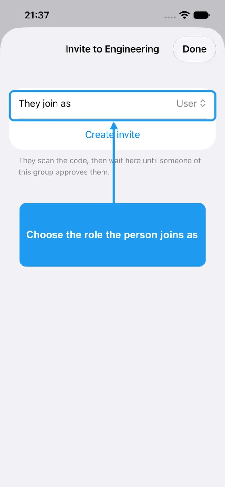 The invite sheet with the They join as row highlighted.