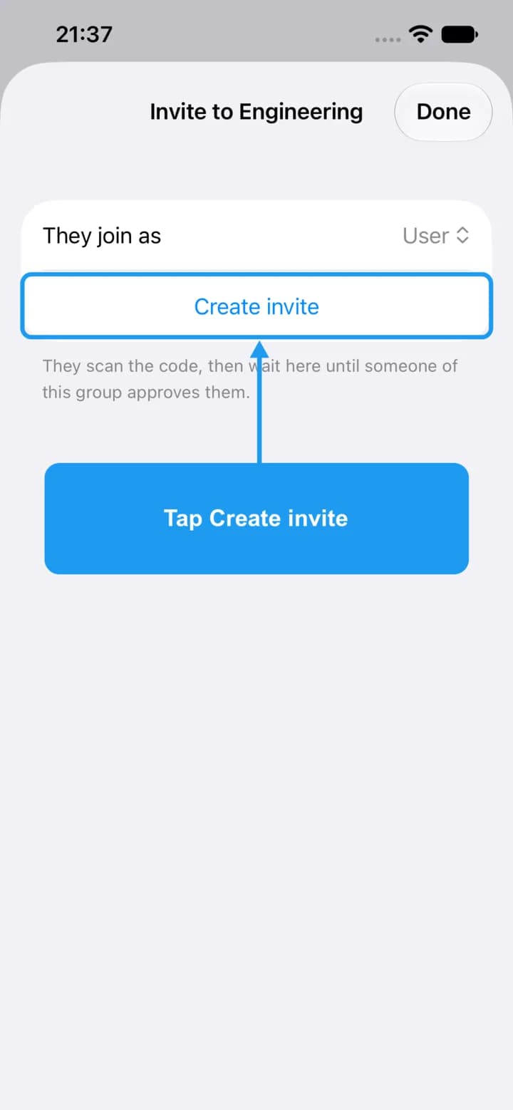 The invite sheet with the Create invite button highlighted.