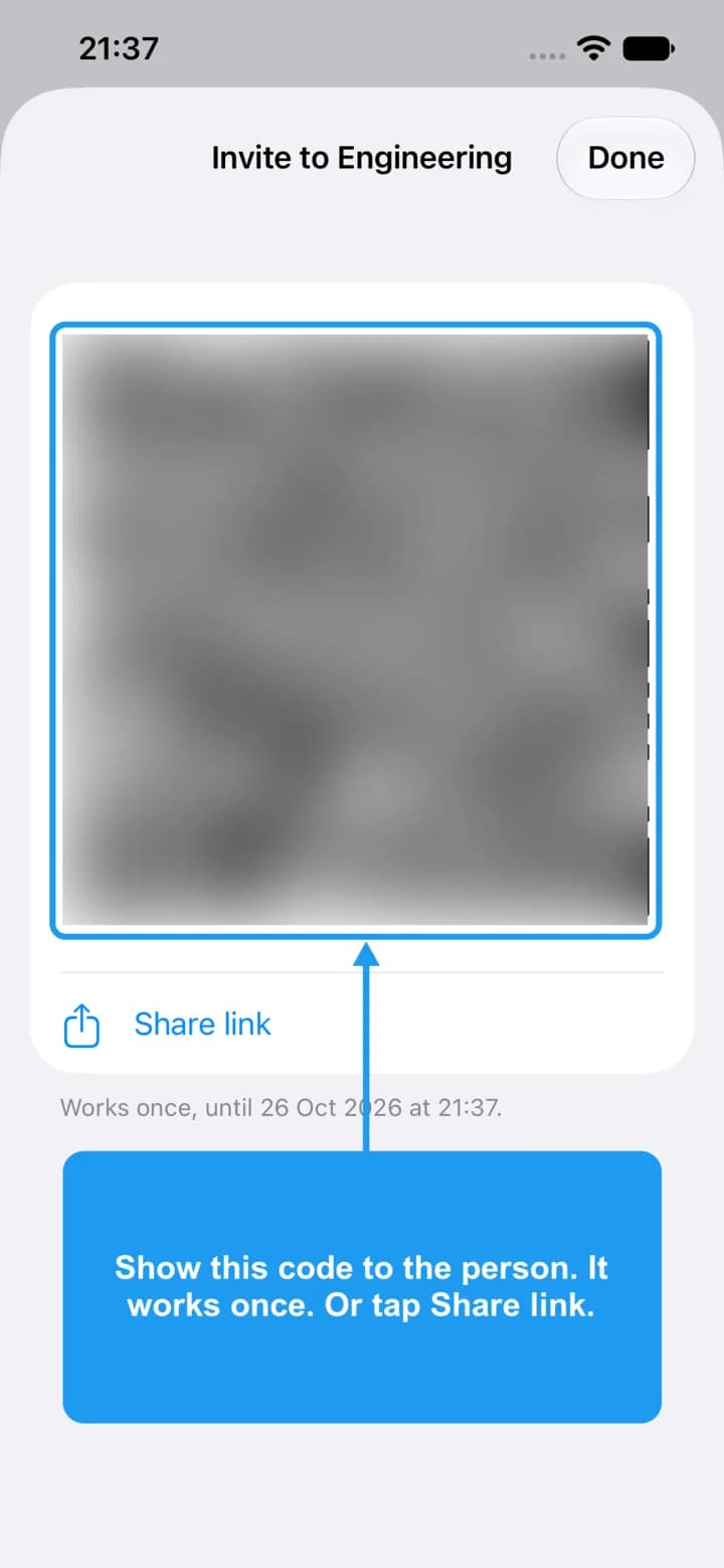 The invite code screen with the QR code highlighted. The code is blurred here.