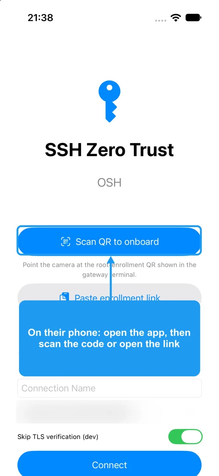 The OSH - Signer welcome screen with the Scan QR to onboard button highlighted.