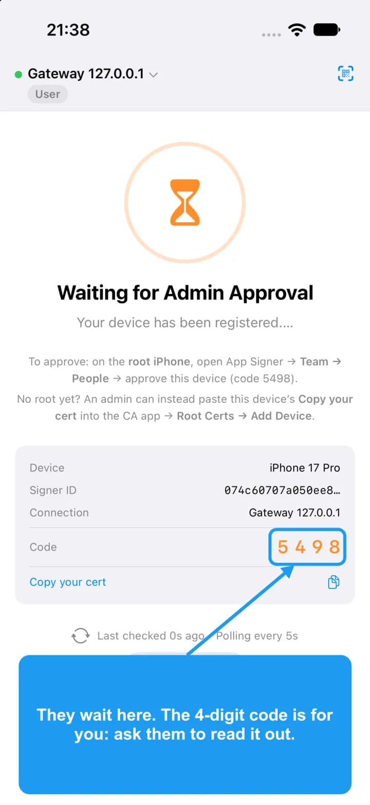The waiting screen on the invited person's iPhone with the 4-digit code highlighted.