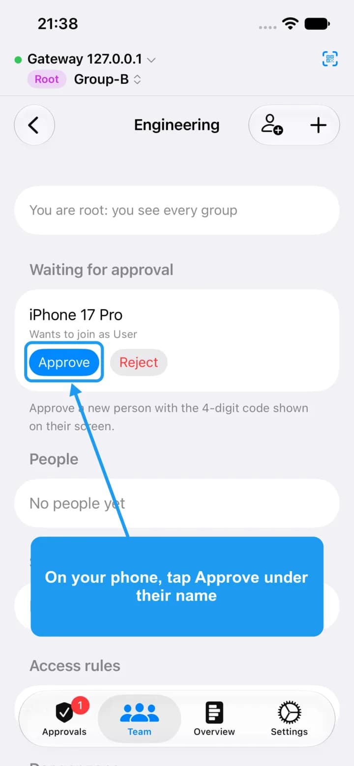 The group screen with the Approve button under Waiting for approval highlighted.