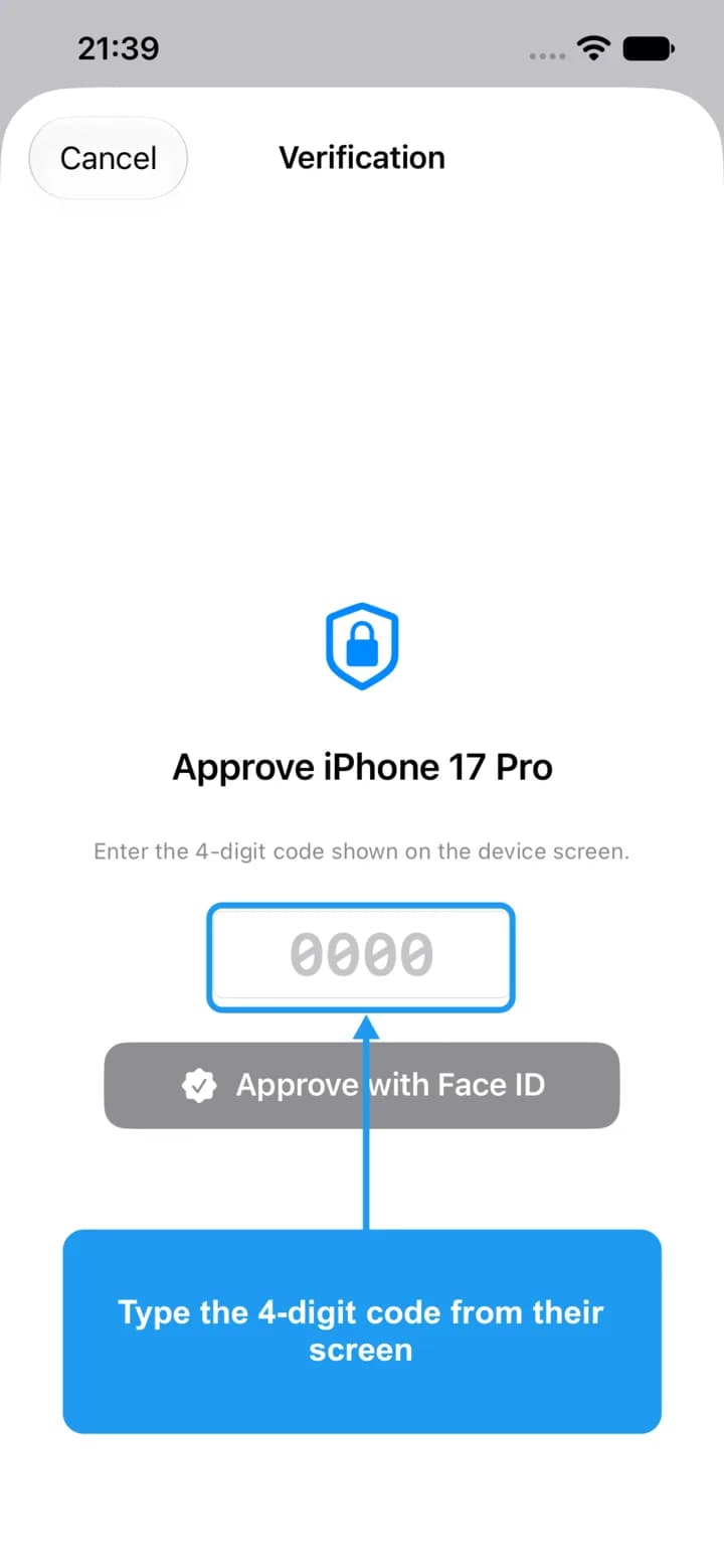 The verification screen with the 4-digit code field highlighted.