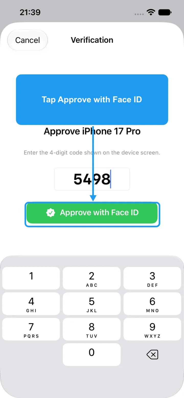 The verification screen with the code typed and the Approve with Face ID button highlighted.