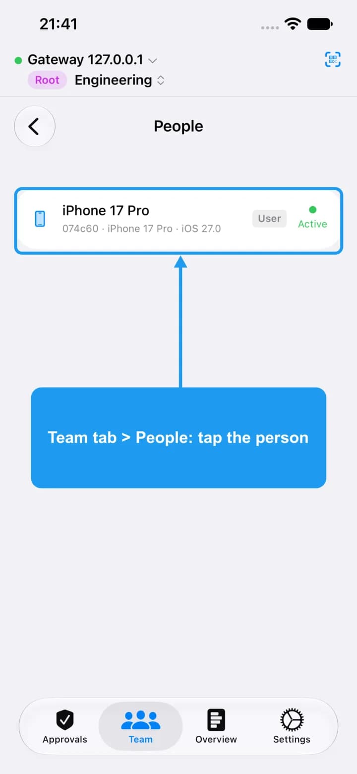 The People list with one person highlighted.