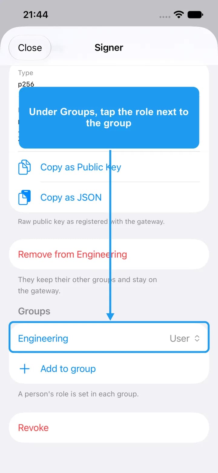 The person's details with the role next to their group highlighted.