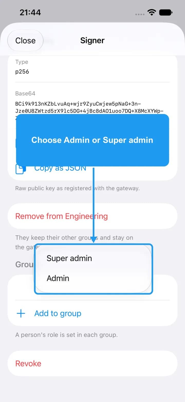 The role menu showing Super admin and Admin.