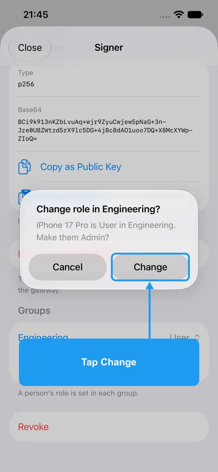 The Change role confirmation with the Change button highlighted.