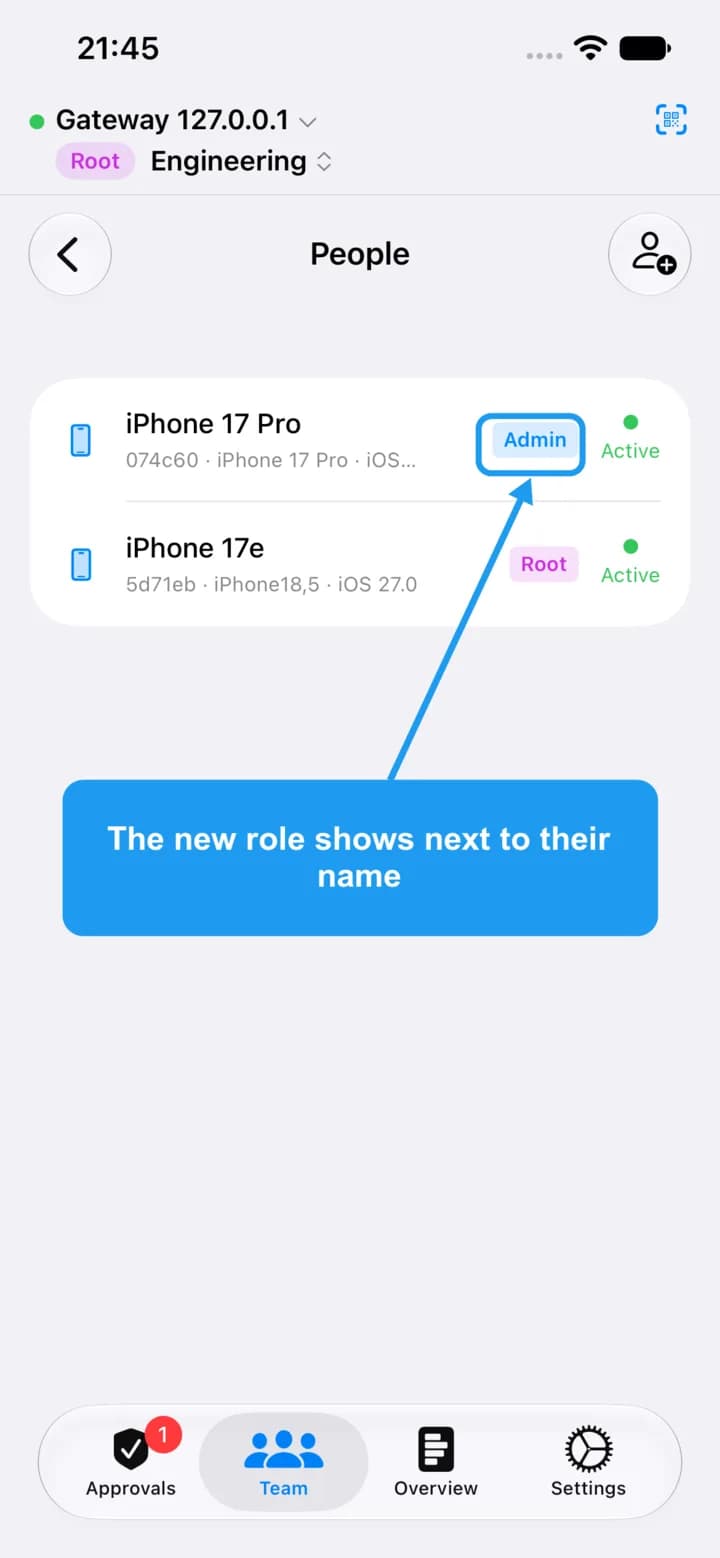 The People list with the new Admin role highlighted.