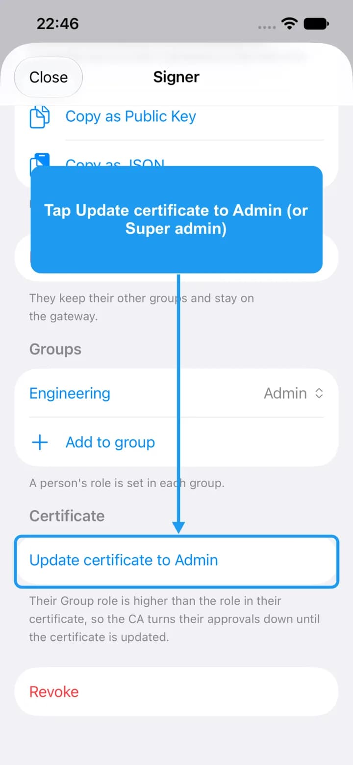 A person's details screen with the Update certificate button highlighted under Certificate.