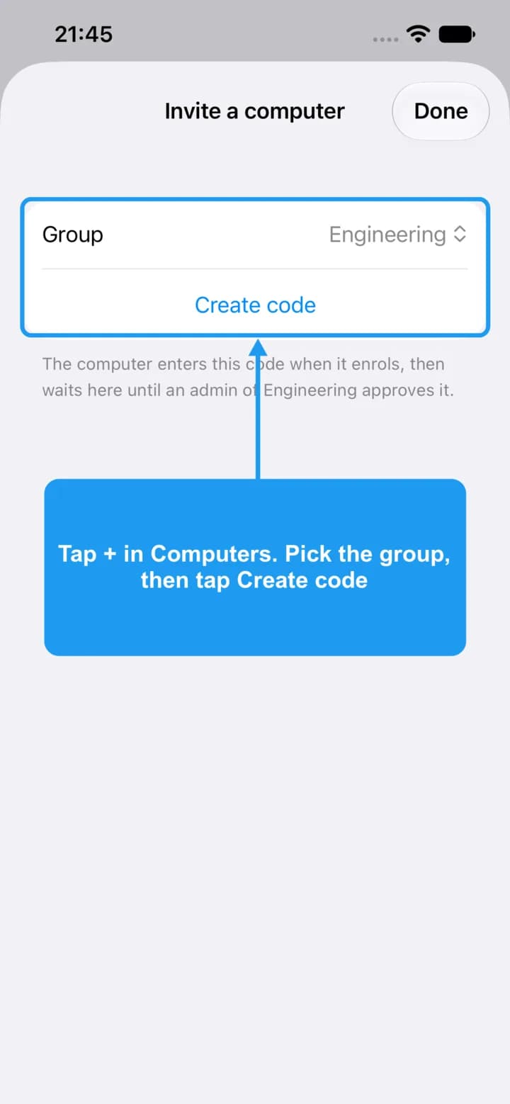 The Invite a computer sheet with the group and the Create code button highlighted.