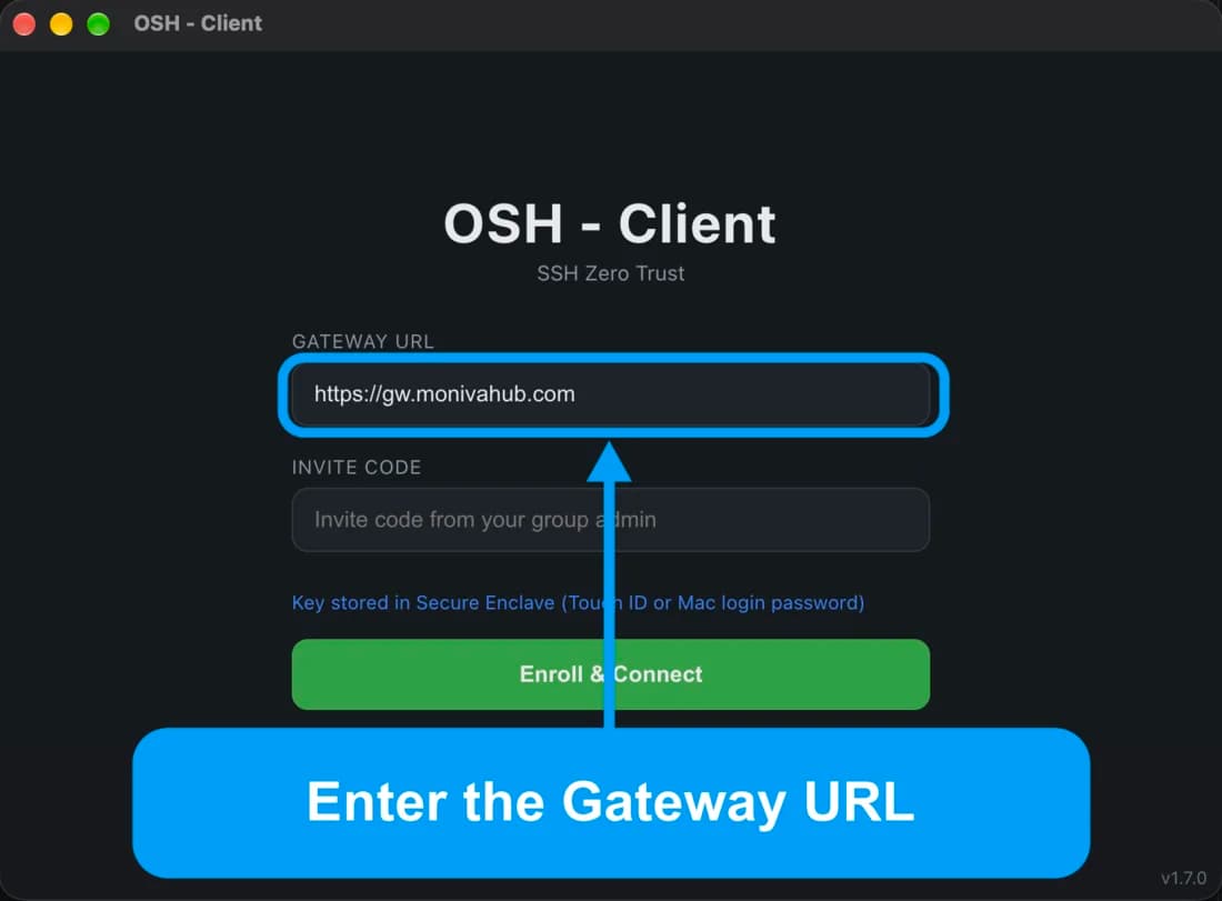 OSH - Client with the Gateway URL field highlighted.