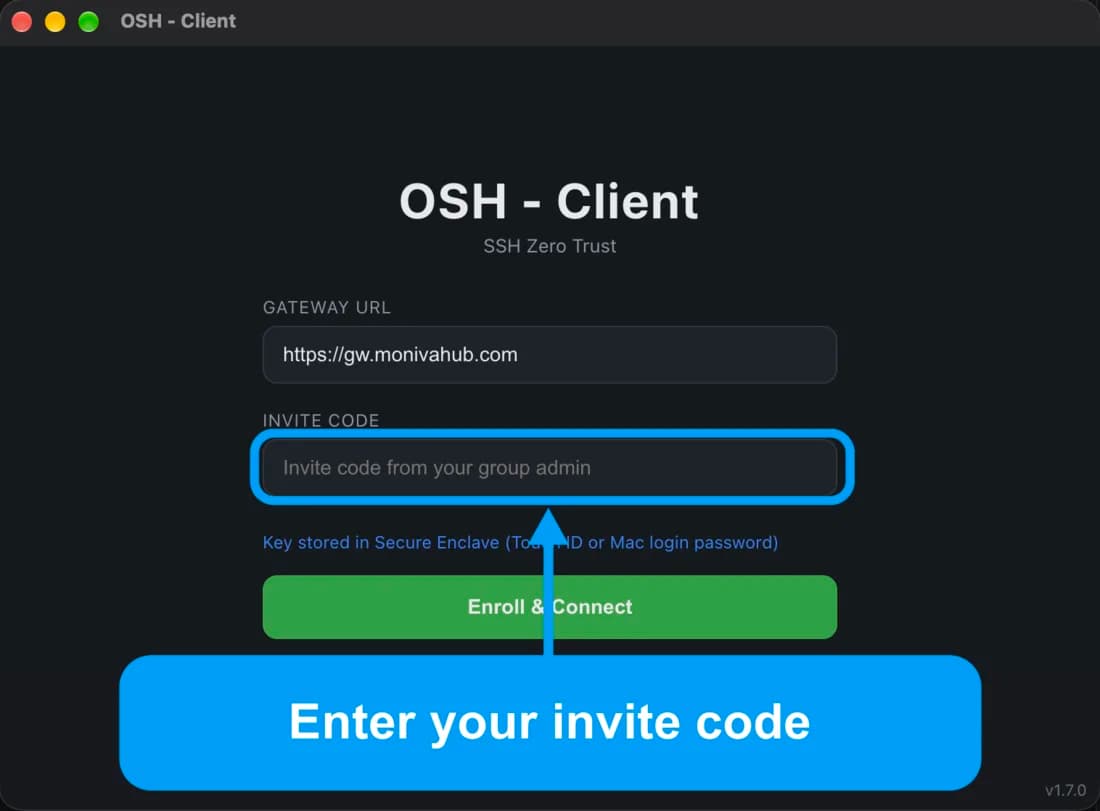 OSH - Client with the Invite code field highlighted.