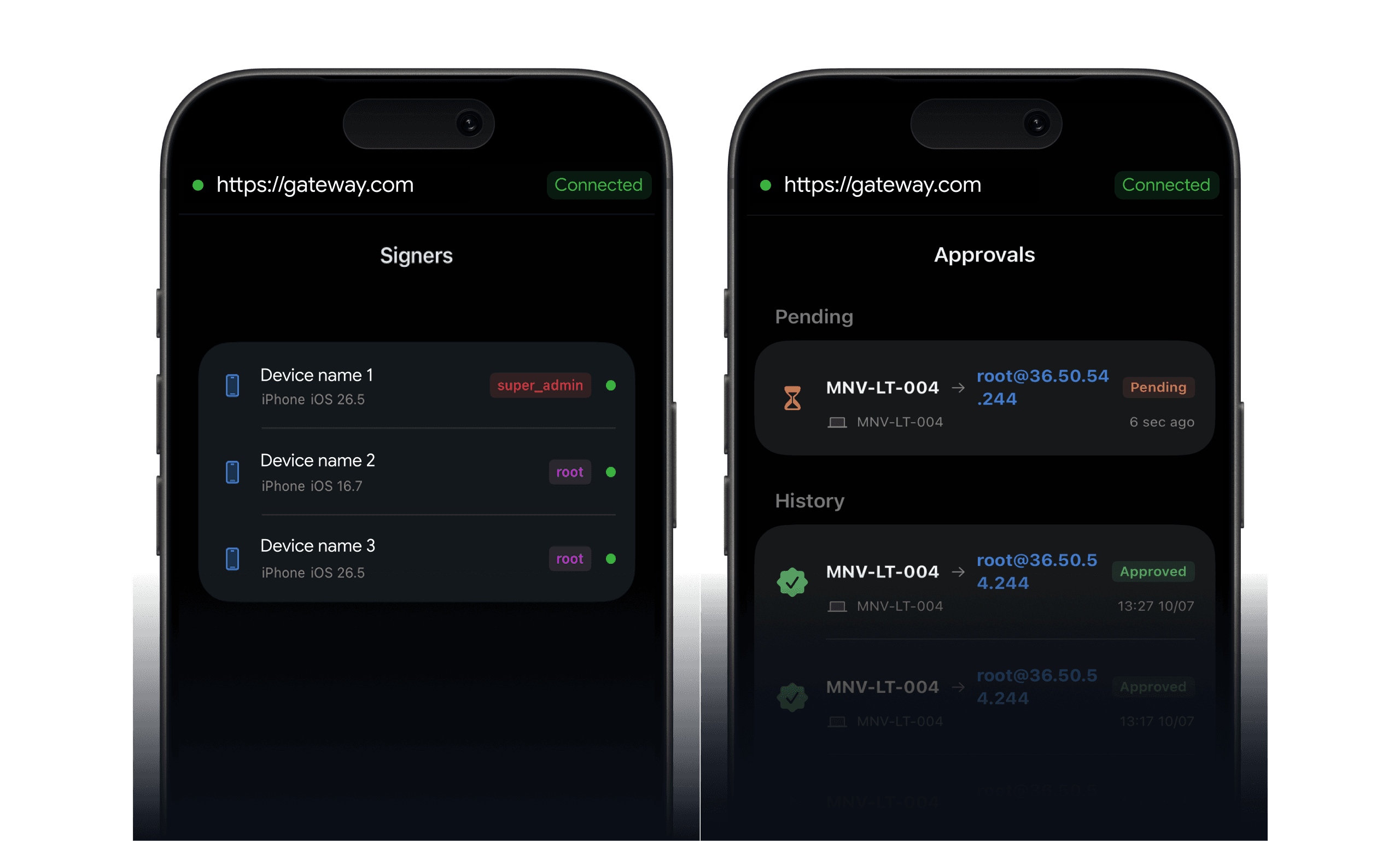 Two mobile smartphone mockups displaying the OSH-Signer software dashboard access approvals logs screen history.