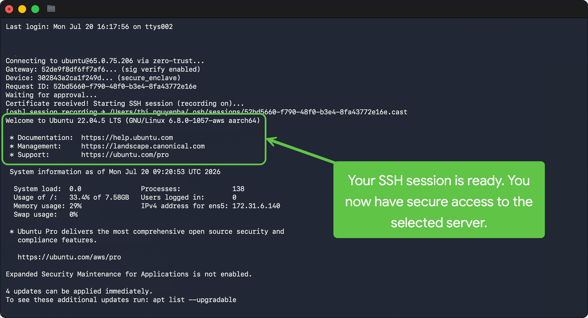 Terminal command execution console view showing a highlighted green success banner indicating connection setup completion.