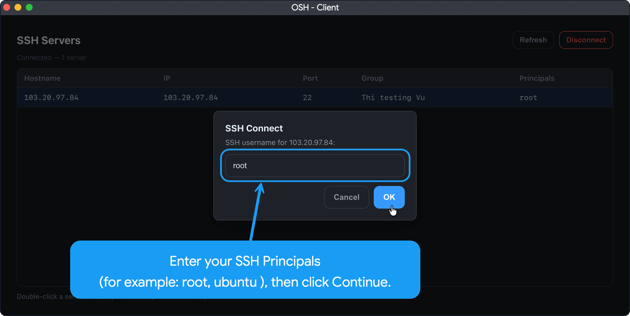 User interaction screen showing an action confirmation verification popup message modal overlaying the active dashboard list.