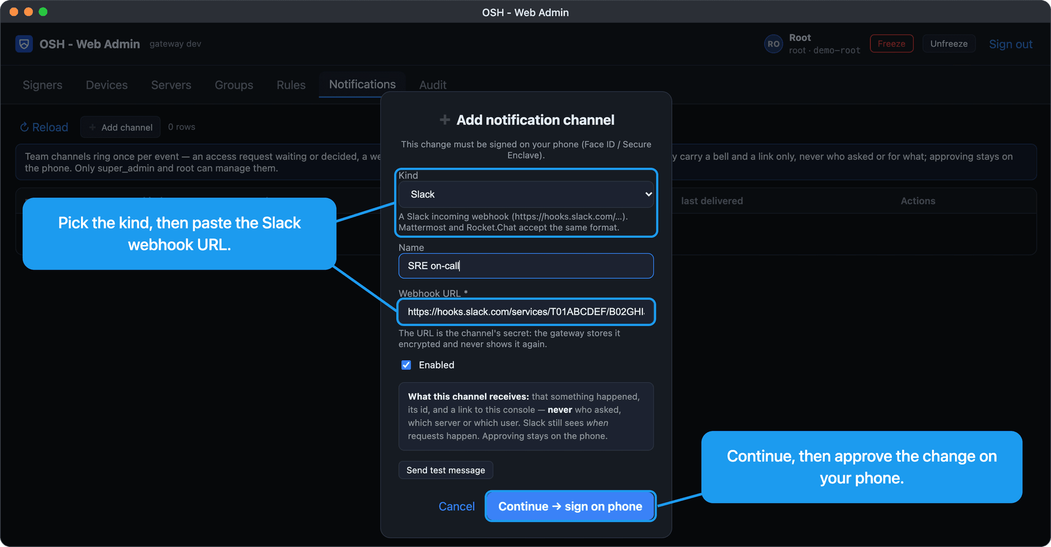 Add notification channel form with the channel kind set to Slack, a channel name and an incoming webhook URL.