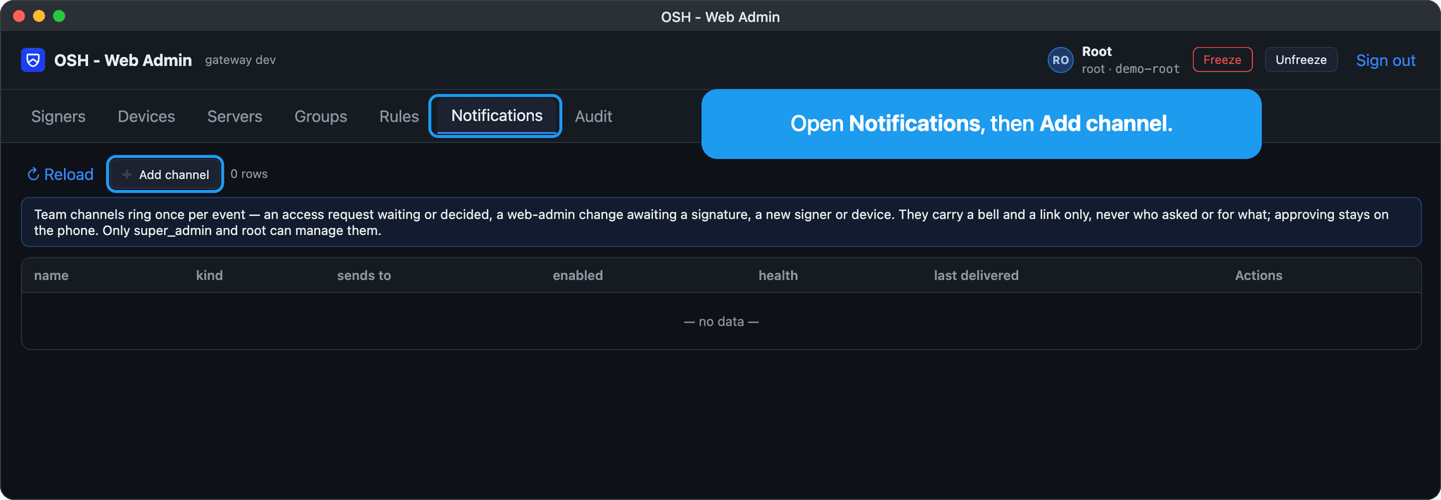 Web console Notifications tab listing the gateway's notification channels with an Add channel button.
