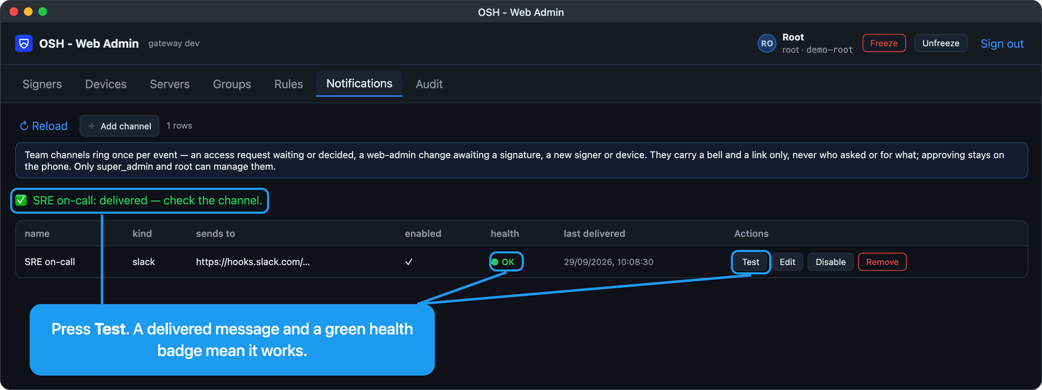 Notifications tab after pressing Test, showing a delivered confirmation and a healthy channel.
