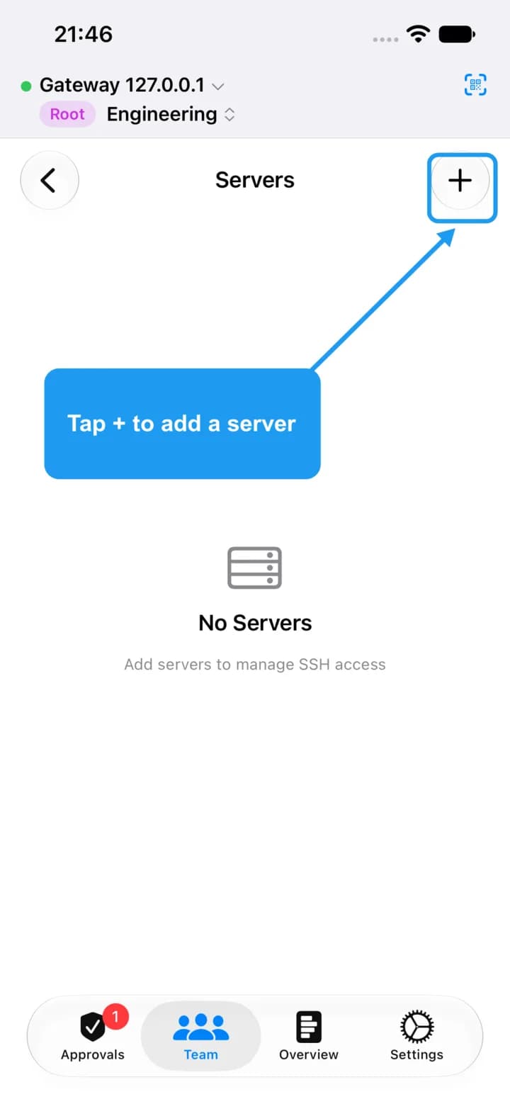 The empty Servers list with the plus button highlighted.
