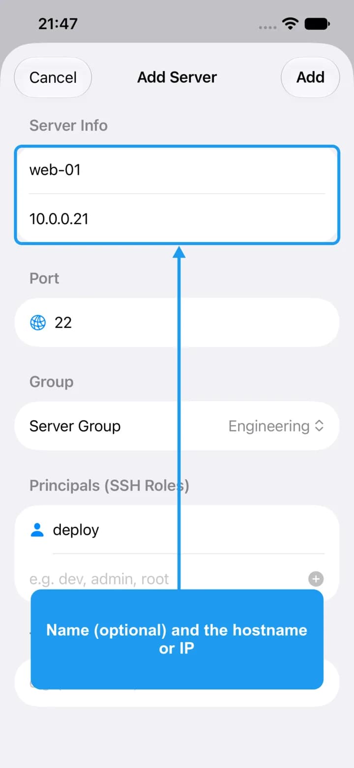 The Add Server form with the name and hostname fields highlighted.