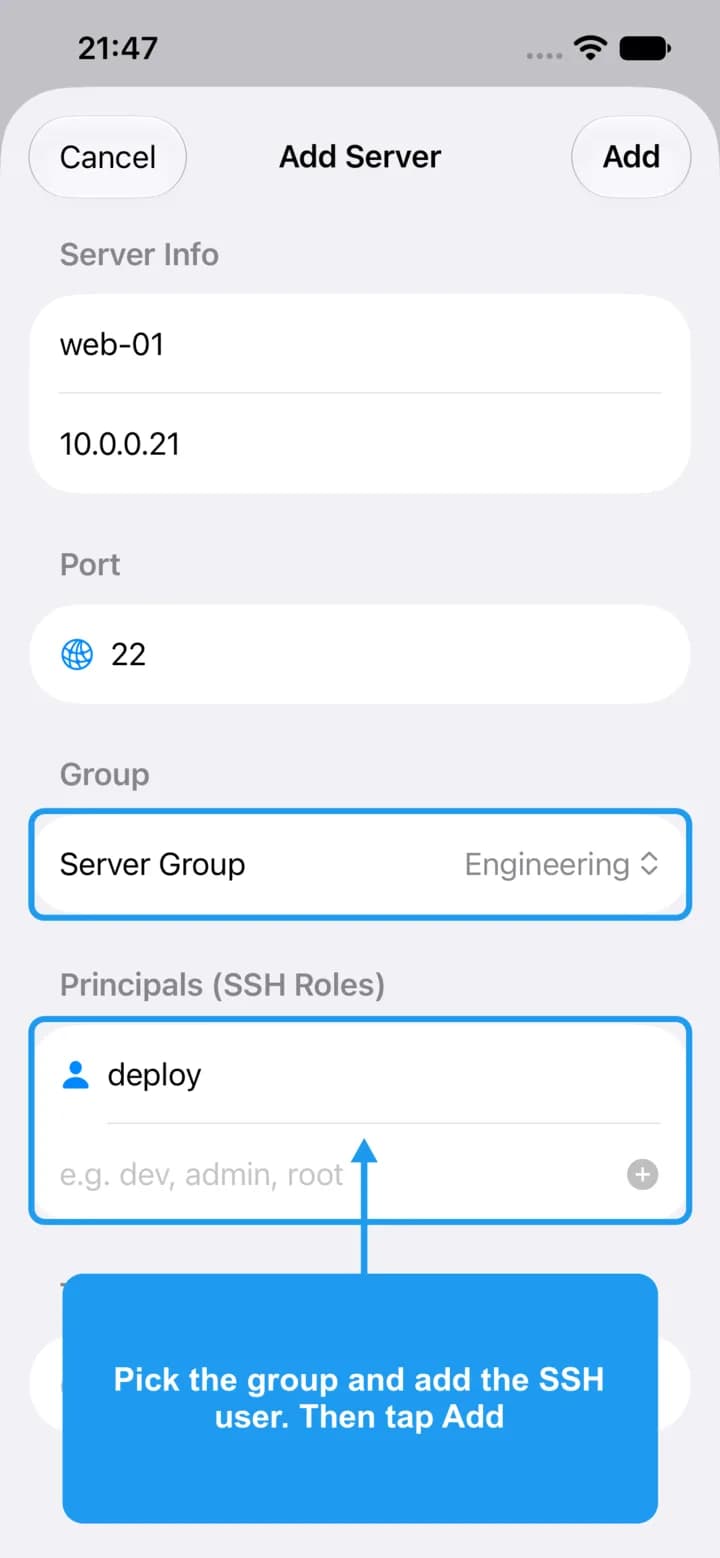 The Add Server form with the group and the principal highlighted.