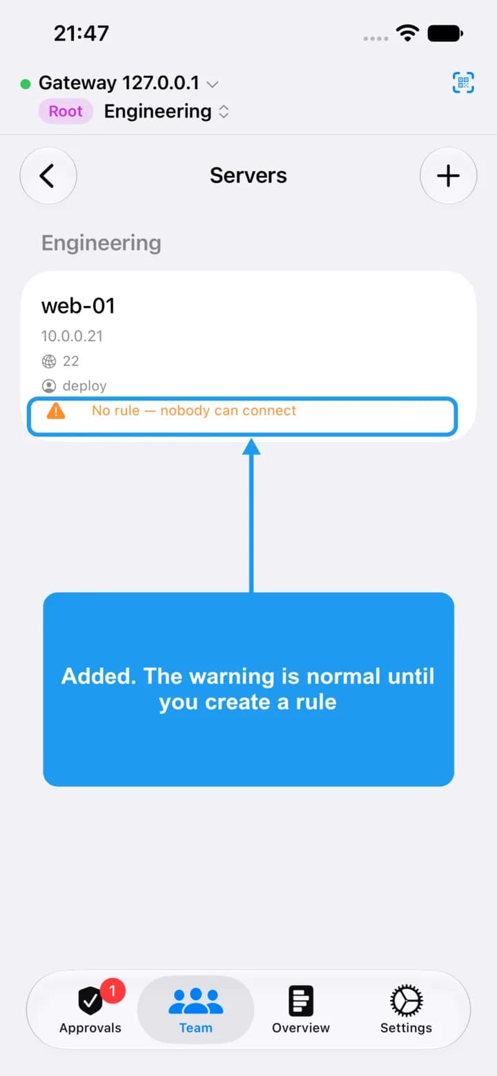 The Servers list with web-01 and the no-rule warning highlighted.