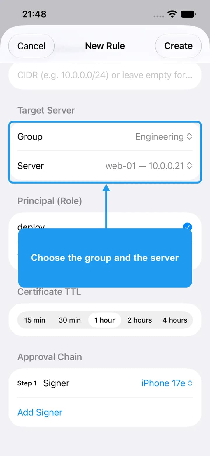 The New Rule form with the group and server highlighted.