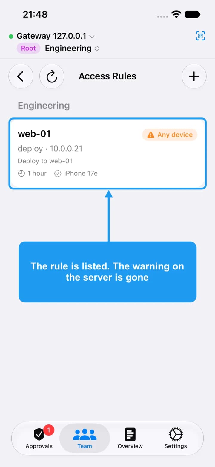 The Access Rules list with the new rule highlighted.