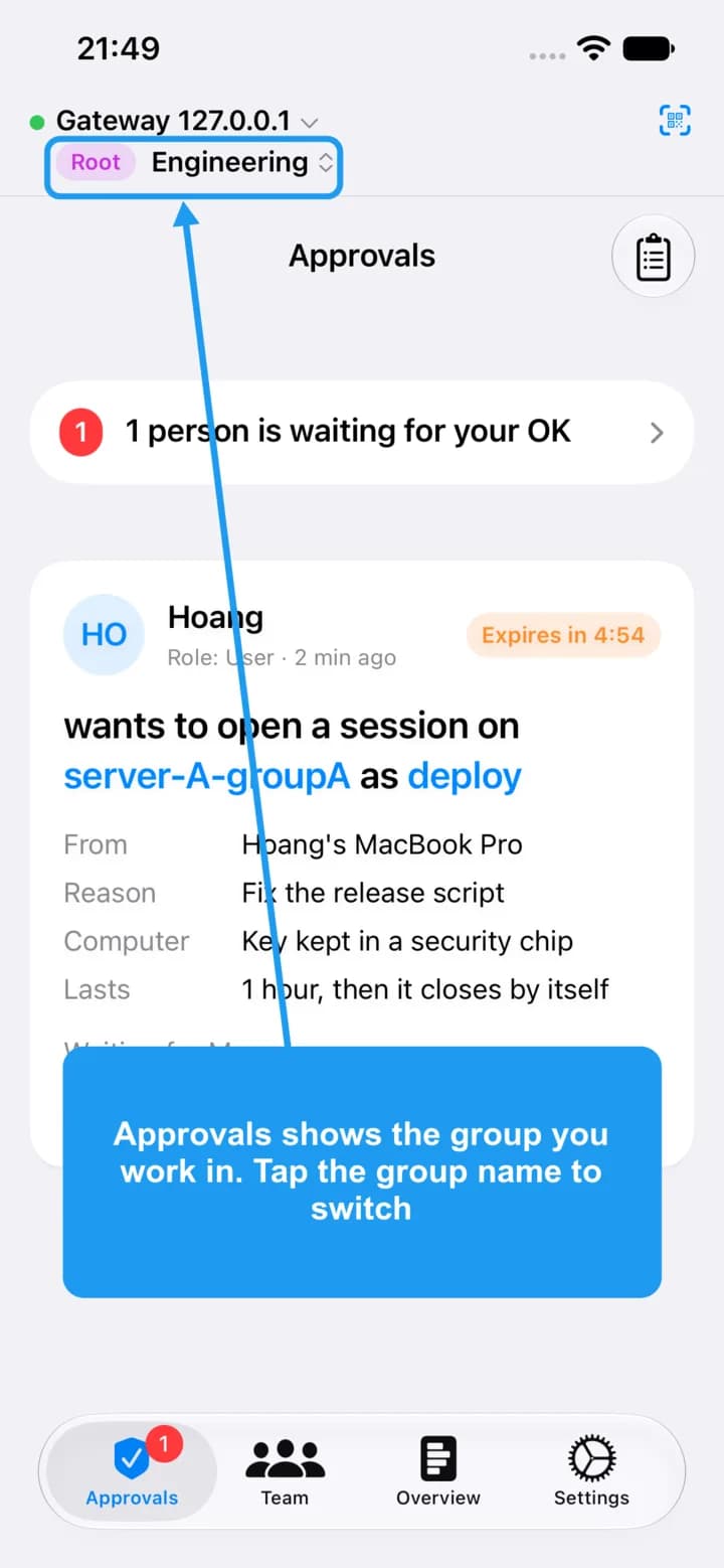 The Approvals tab with the group name at the top highlighted.