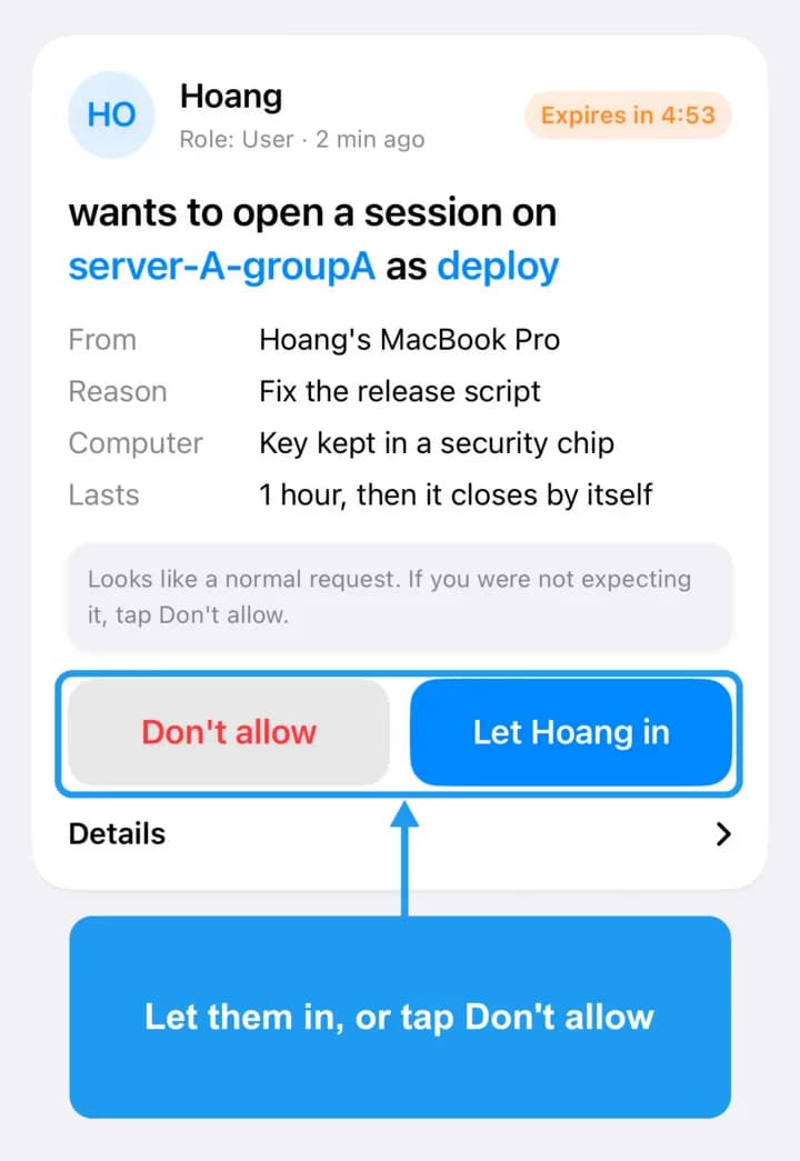 The request card with the Don't allow and Let in buttons highlighted.