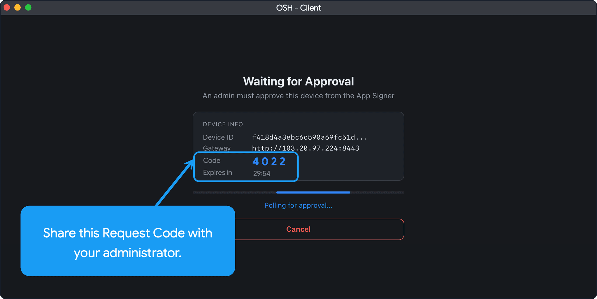 Approval window showing a temporary authentication code request display waiting for admin configuration signature verification.